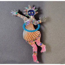 Vintage Liztech Artist Signed Beaded Hula Hoop Dancer Brooch 1998, 3.67"x1.83"