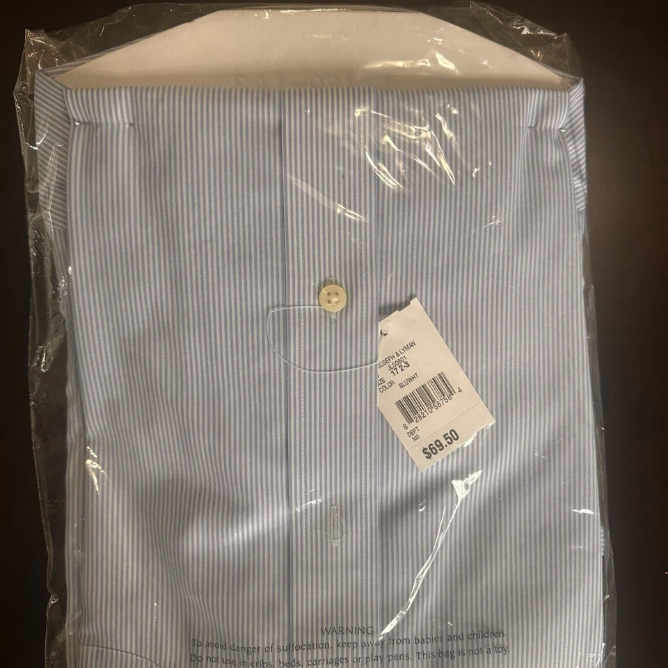 Camisa de Vestir Joseph & Lyman 17 32/33 Azul Blanco Rayas Algodón Sin Planchar Nueva con Etiquetas Foto 4 de 4