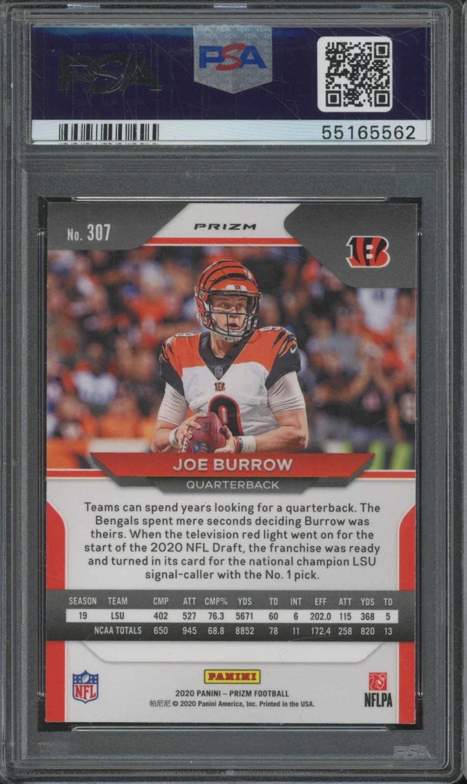 2020 Panini Prizm Lazer #307 Joe Burrow RC Rookie Mint PSA 9 view 2