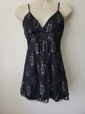 Y2k Whimsigoth Fairy Babydoll Tunic Tank Top Lg Black Lace Metallic USA 90s