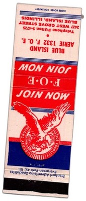 AERIE 1332 F.O.E. Blue Island IL Join Now, Liberty Truth J 1950s Matchbook Cover
