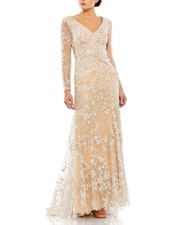 Mac Duggal Nude Ivory V-Neck Illusion Long Sleev Embroidered Mesh Gown 24 498