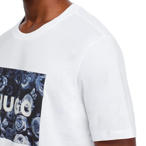 Hugo Boss Men's Short Sleeve HUGO Dulive Painted Rose Logo Graphic T-Shirt White - Picture 4 of 5