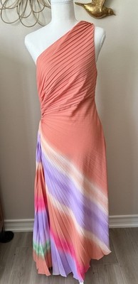 nicole miller one shoulder pleated maxi dress Nicole Miller One Shoulder Pleated Ombre Maxi Dress Wedding Guest Size 10