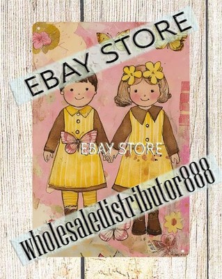 Bee Sisters Tin Plaque two girls in yellow garage decor