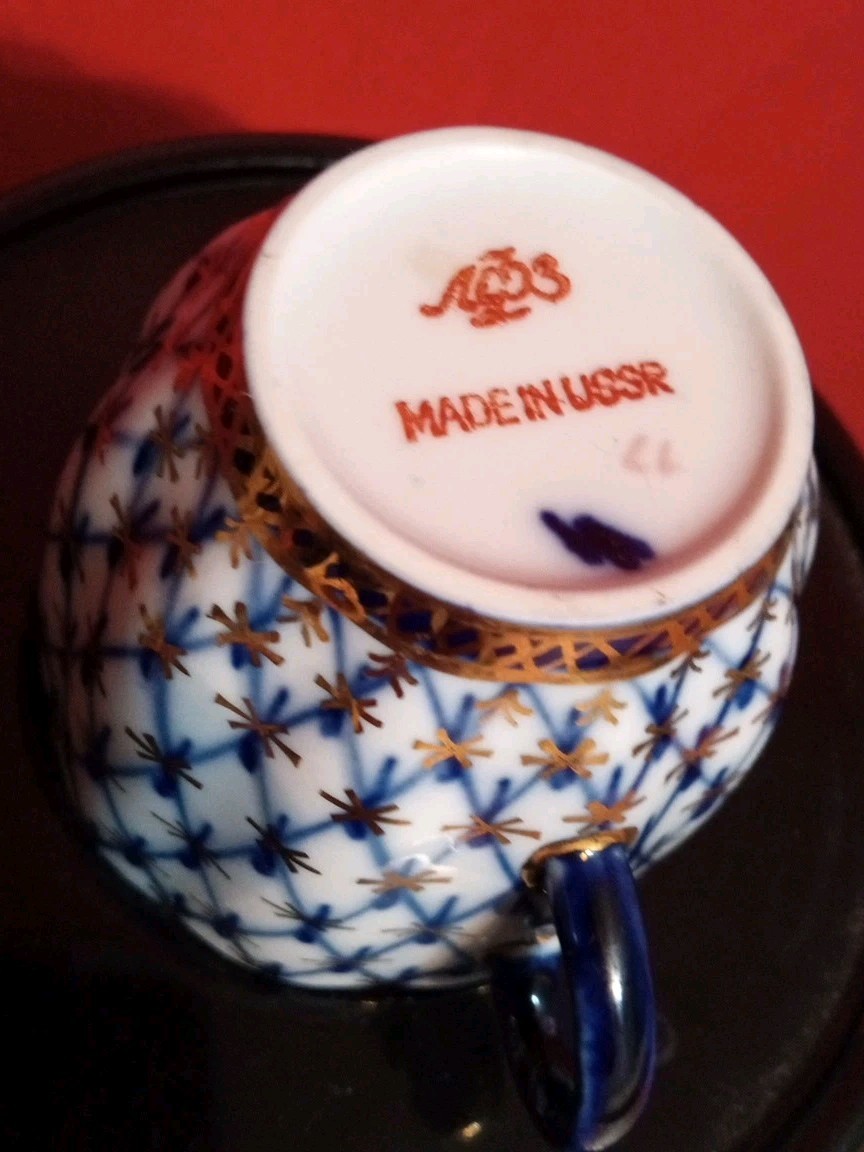 Vtg Lomonosov Russia Porcelain Cobalt Net Tulip Tea cup Saucer Dessert Plate 3pc