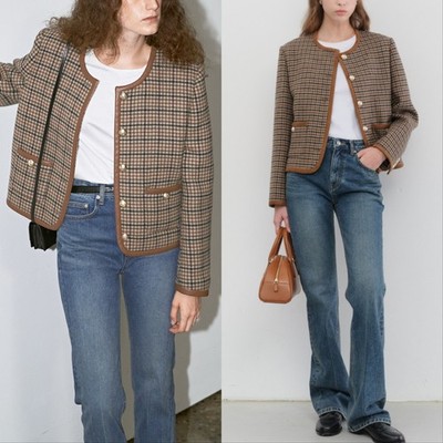 セール中美品 Cotton-blend Blelted tweed Jacket Dunst Tweed Check Wool Blend Collarless Jacket Brown Women's Small