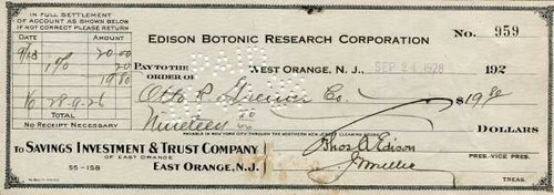 Thomas Edison Hand Signed Check Autograph Edison Botanic Research Corporation