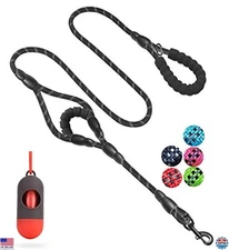 JSXD 5 FT Heavy Duty Dog Leash, Double Handles, Padded Reflective Rope, Black