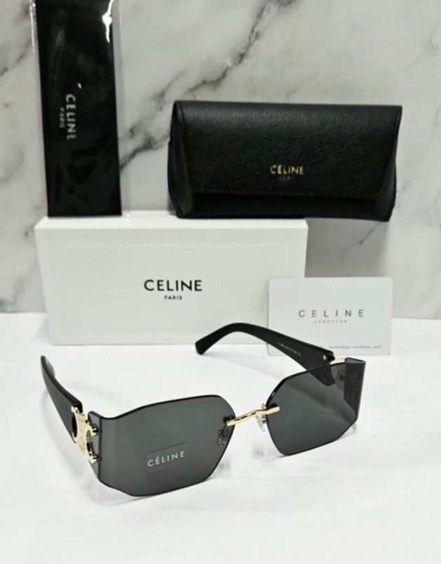 CELINE Geometric Sunglasses Black Metal Rimless Frame Black Tinted Lenses