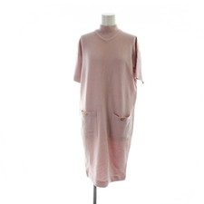 Chanel Pink Knit Dress Size 1 Long Sleeve High Neck Logo Gold Button Vintage