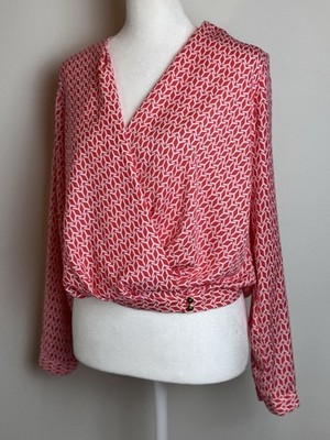 Worthington Deep Plunge V Neck Pink Red Geometric Long Sleeve Blouse Sz Petite S