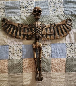 Vintage Carved Resin Wooden Skeleton w Wings 15” Folk Art Day Of Dead WOW!