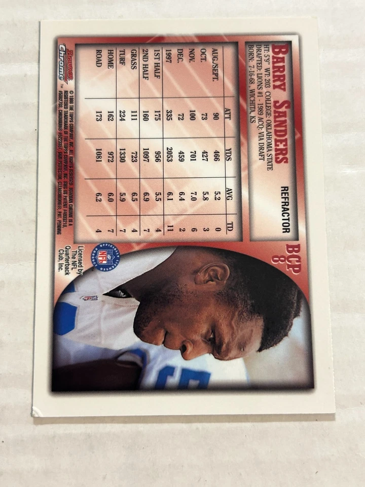 Bowman Chrome Barry Sanders 1998 #BCP8 refractor esquina Ding Lions SP Foto 2 de 2