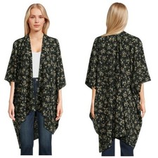 Time and Tru Printed Woven Layering Piece Floral Black Kimono Cardigan OS