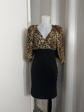 Morgan Leopard Print Puff Sleeve Bodycon Dress Black Brown Fitted Mini UK 10