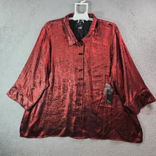 $84 NEW Ali Miles Shirt Top Women 3X Rectangle Button Red Black Shiny Glitter