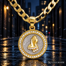 Mens Praying Hands Pendant Necklace 20" Cuban Chain Iced CZ Gold Plated
