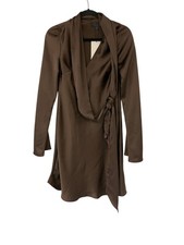 Zara Womens Wrap Dress Satin Large Chocolate Tie Front Long Sleeve 9382/332 NWT
