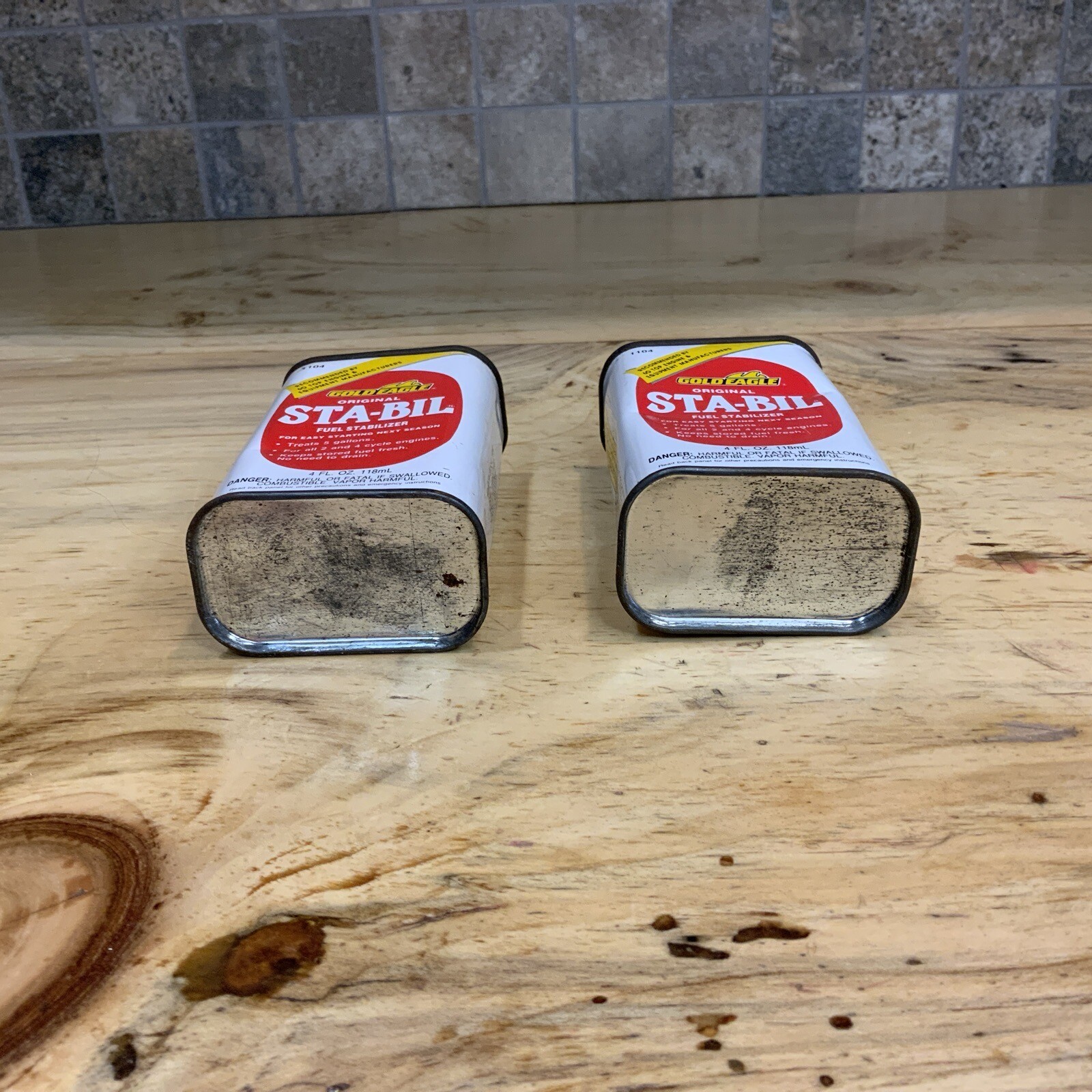 Set Of 2 Vintage Gold Eagle Sta-Bil Oil Can Tin Fuel Stabilizer 4 oz Chicago