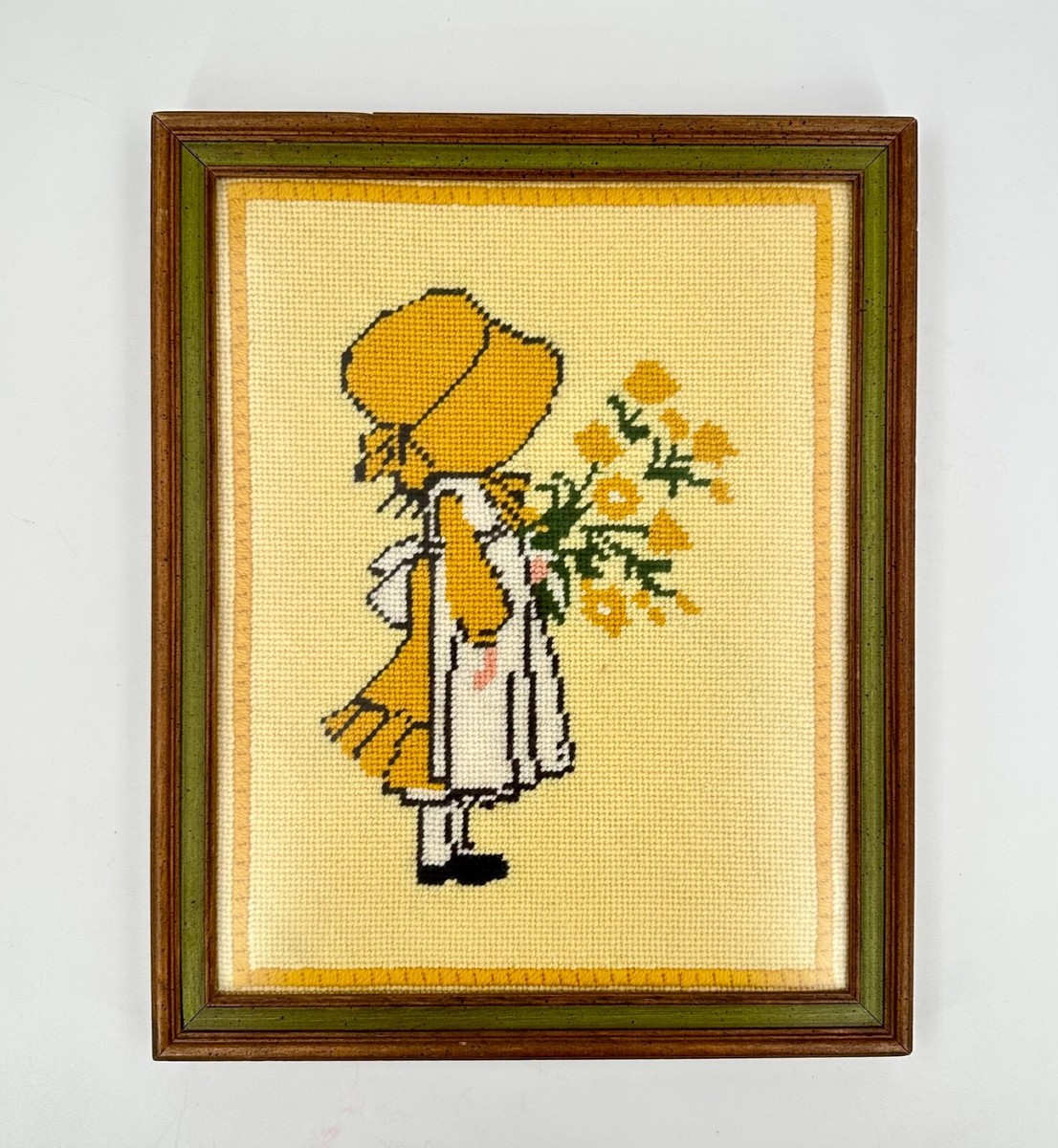 Vintage 70s Holly Hobbie Needlepoint Finished Framed Wall Art