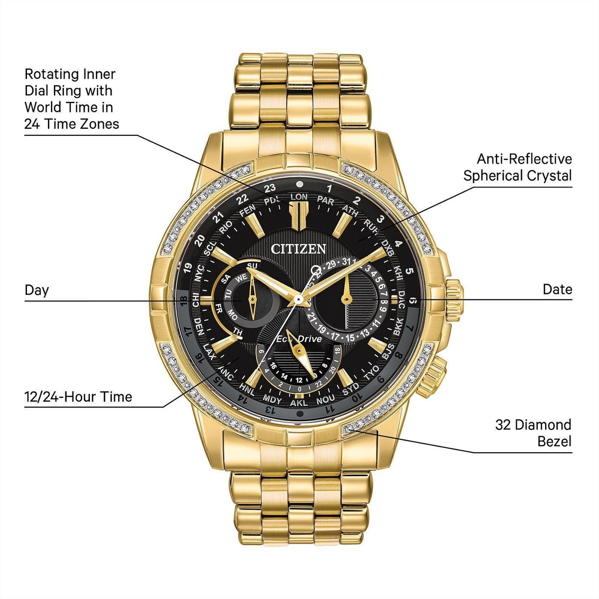 Citizen BU2082-56E Calendrier Eco-Drive World Time Diamond Men's