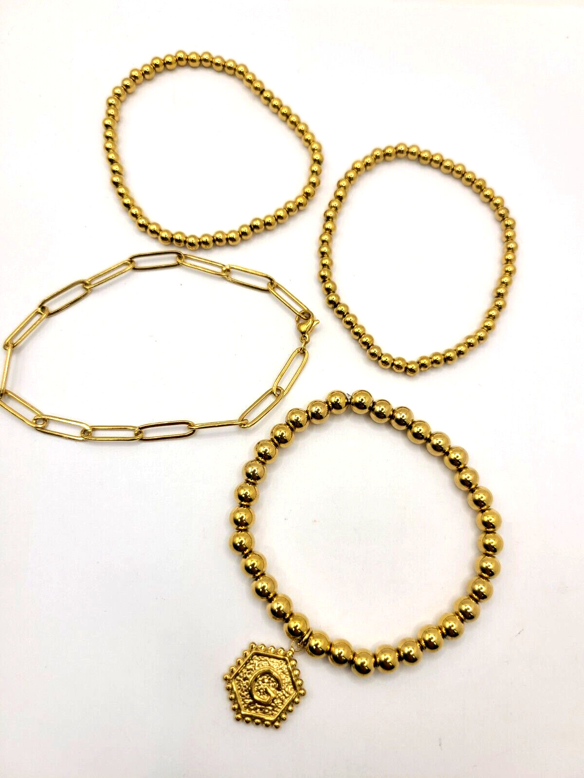 18K Gold Plated Initial G Stackable Stretchy Bead… - image 4