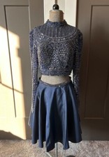 Sherri Hill Two Piece Blue Beaded Long Sleeve A-line Skirt Size 8