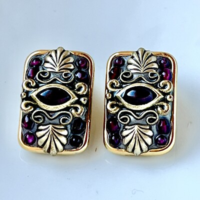 Designer Michal Golan Garnet Clip On Earrings Eye Revival Gold Tone Signed