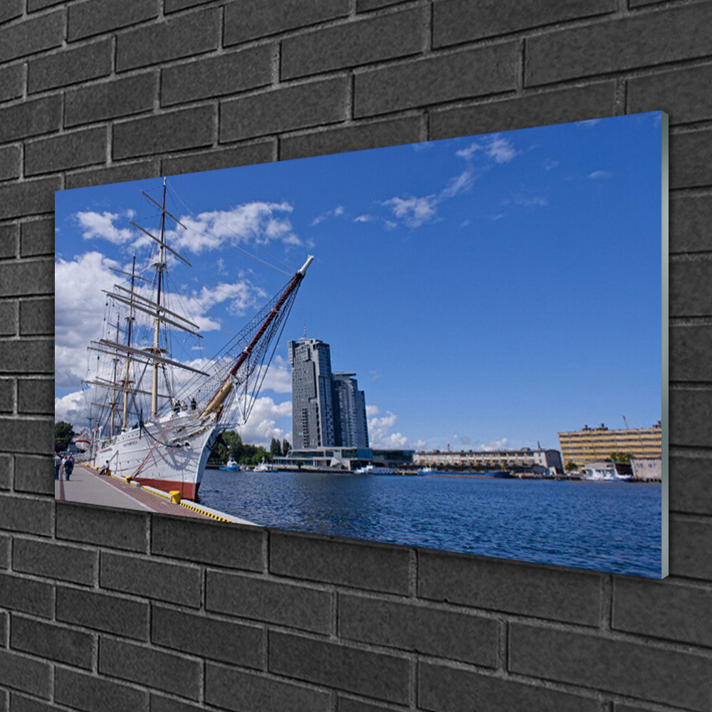 Impression 100x50 Bateau Mer Ville sur verre Tulup resistant et lumineux