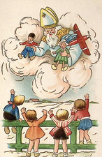 1950s BELGIUM Christmas Postcard Children See St Nicolas in Clouds Toy Airplane