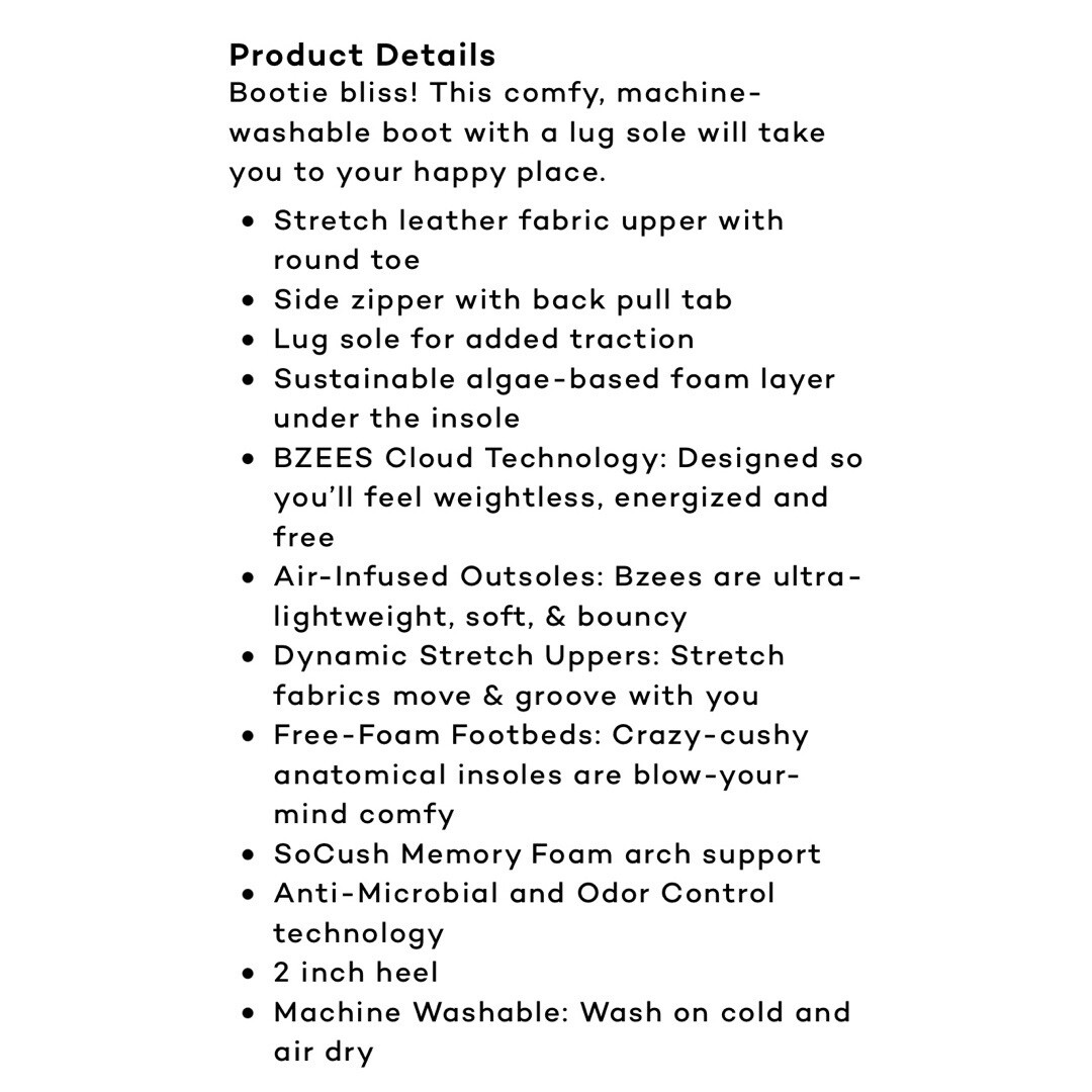 NIB Bzees Bliss Machine Washable Lug Sole Ankle Bootie Black Fabric 8M