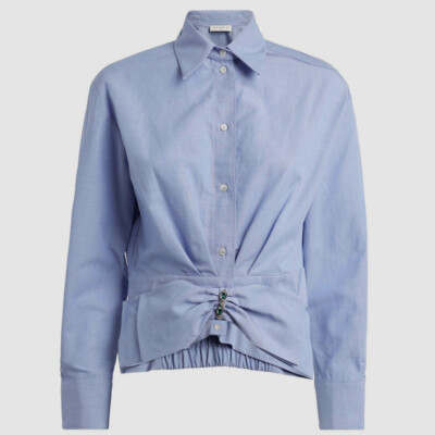 $435 Sandro Women's Blue Solid Long Sleeve Waist Bow Button Blouse Top Size 4