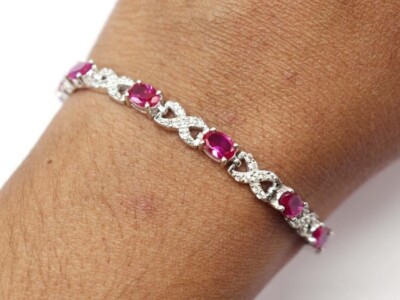 Fine Oval Ruby CZ & Round Sapphire CZ Pretty Wedding & Party Tennis Bracelet