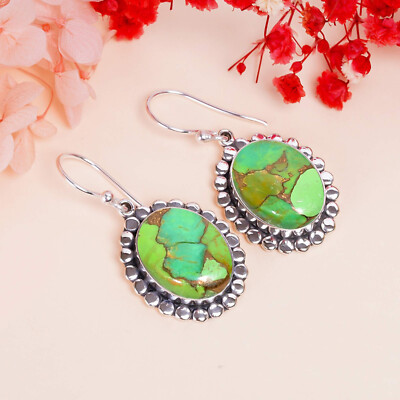 Copper Green Turquoise Gemstone 925 Sterling Silver Earring Drop Dangle Jewelry.