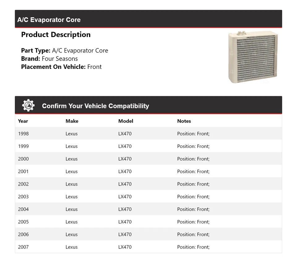 Núcleo evaporador delantero 4 estaciones 1999 2000 2001 para Lexus LX470 1998-2007 Foto 2 de 4