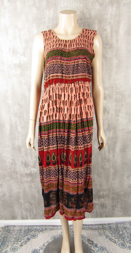 Vintage Indian Block Print Cotton Gauze Smocked Sleeveless Sun Dress Paisley L