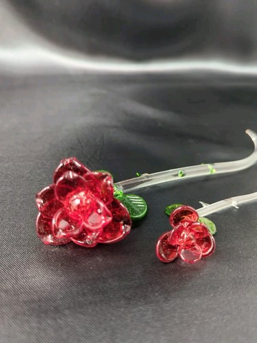2 Red Glass Rose Figurines Figure Flower Hand Blown Clear Green Red ...