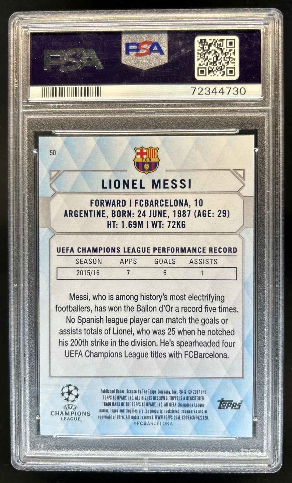2016-17 Topps UCL Showcase Lionel Messi Gold #/99 PSA 9 Barcelona view 2