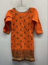 Women's Orange Embroidered Kurti Tunic Dress Gold Floral Accent 3/4 Sleeve