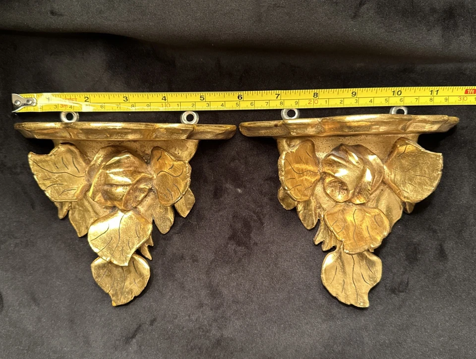 Пара винтажных итальянских позолоченных деревянных роз 1940-х настенные кронштейны полки - Изображение 4 из 4