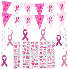 17Pcs Breast Cancer Awareness Decorations Pink Ribbon Banner Tattoos Decor