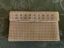 Vintage Faux Pearl Beaded Ivory Evening Clutch with Rhinestone Accents
