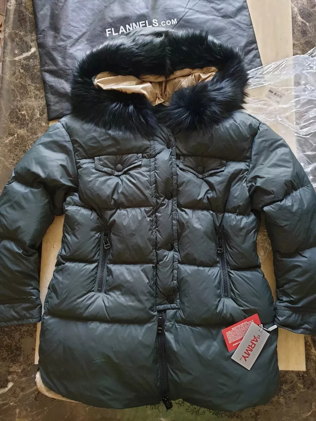 NEW RRP £1500 women army Yves Salomon Down Jacket size 40 uk 12-14 us 8/10