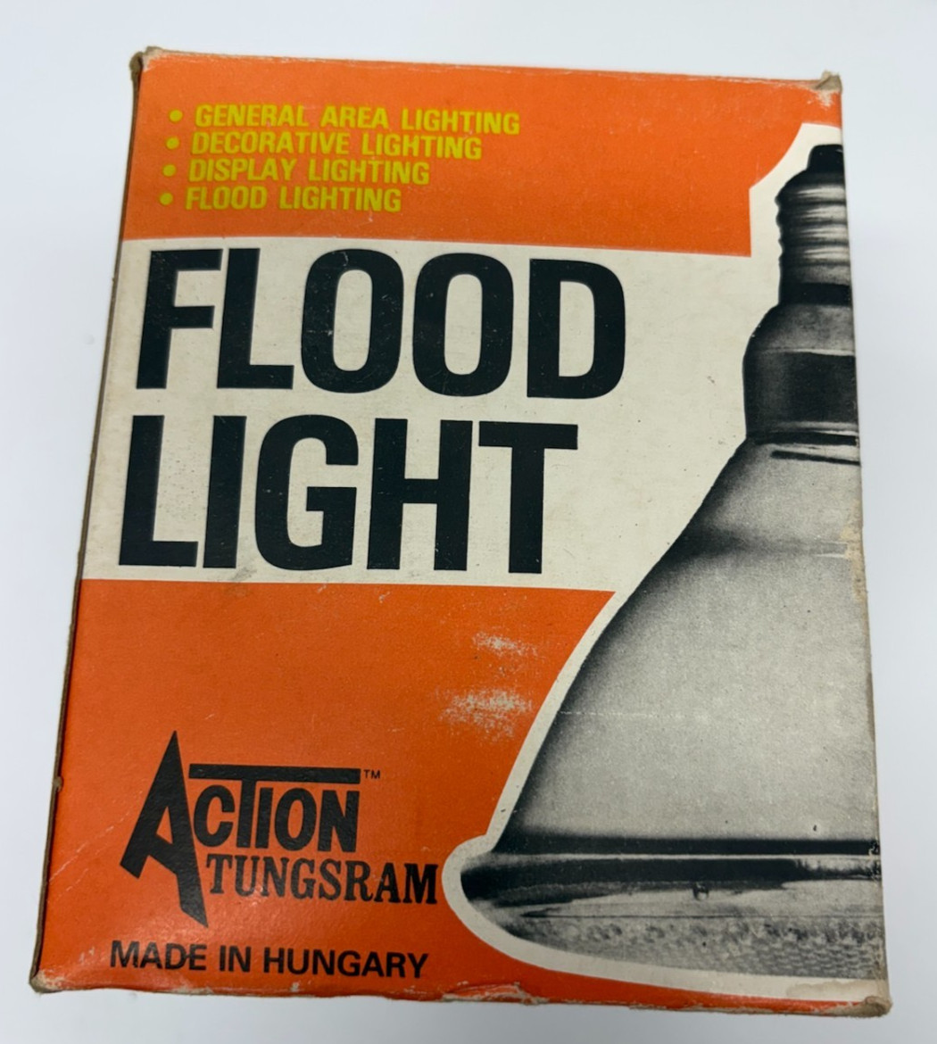 Vintage Action Tungsram 75 WATT FLOOD LIGHT CLEAR NEW IN ORIGINAL BOX
