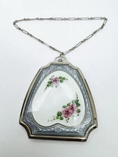 Art Deco Guilloche Enamel Ladies Wrist Compact EAM Lavender HEART W/Roses Sweet!