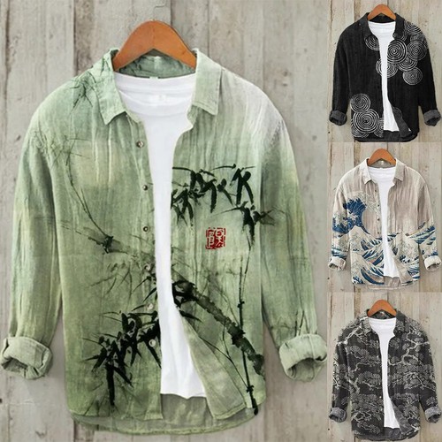 Herren Hawaii Langarm Button Down Hemd Freizeit traditionelles Muster - Bild 1 von 20