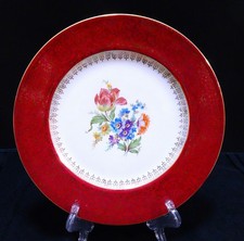 A Vintage Homer Laughlin Dinner Plate Floral with Burgundy and Gold Trim Accents