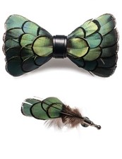 RBOCOTT Green Feather Pre-tied Bow tie Leather Bowtie and Brooch Sets for Men 6