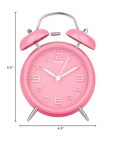 Peakeep 4 inches Twin Bell Pink Alarm Clock, Battery Operated, Loud (Pink)